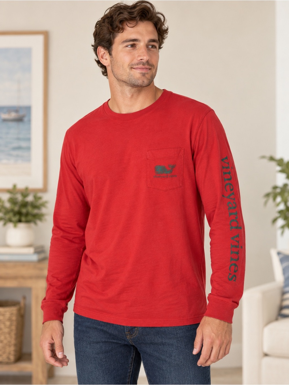 Vineyard Vines Men’s Large Red Long Sleeve Whale Logo Pocket T-Shirt